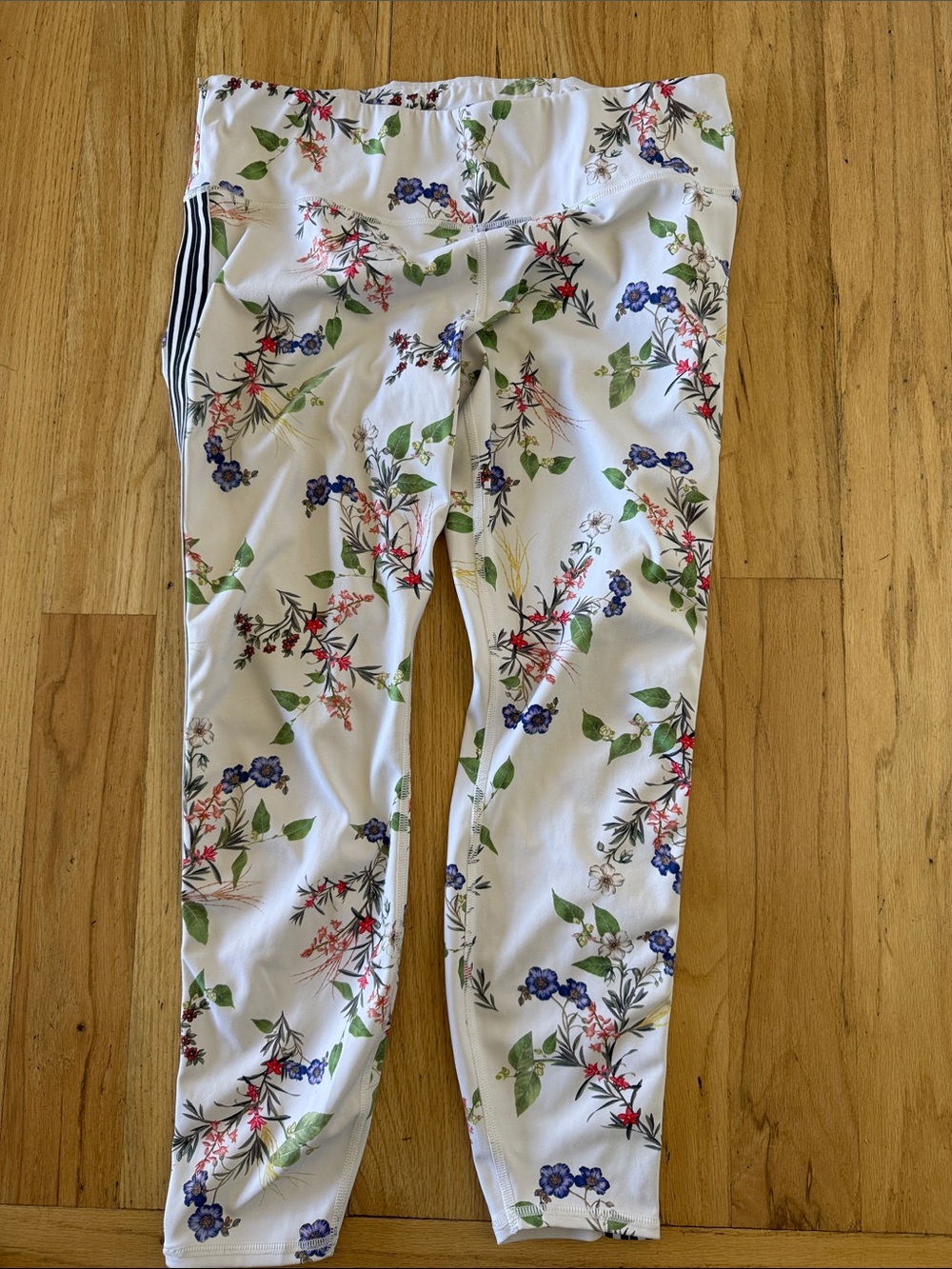 White Floral Athleta Leggings with Side Stripe